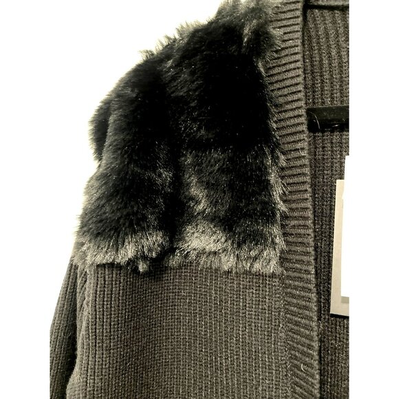Adrienne Landau Onyx Black Faux Fur Knit Cardigan Sweater Long Sleeve Large NWT - Picture 3 of 7